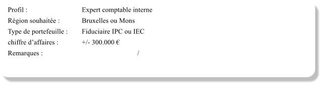 Profil :			Expert comptable interne Rgion souhaite :		Bruxelles ou Mons Type de portefeuille :	Fiduciaire IPC ou IEC  chiffre daffaires :		+/- 300.000  Remarques :						/